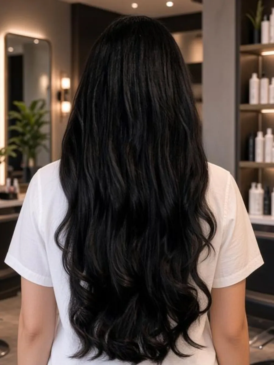 Offen getragen: langes, gewelltes schwarzes Haar, Rückansicht im Salon